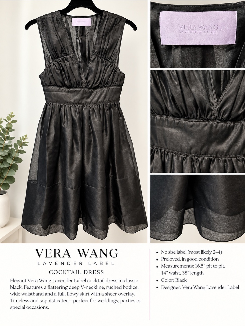 Vera Wang Lavender Label Black Ruched Cocktail Dress Fit & Flare